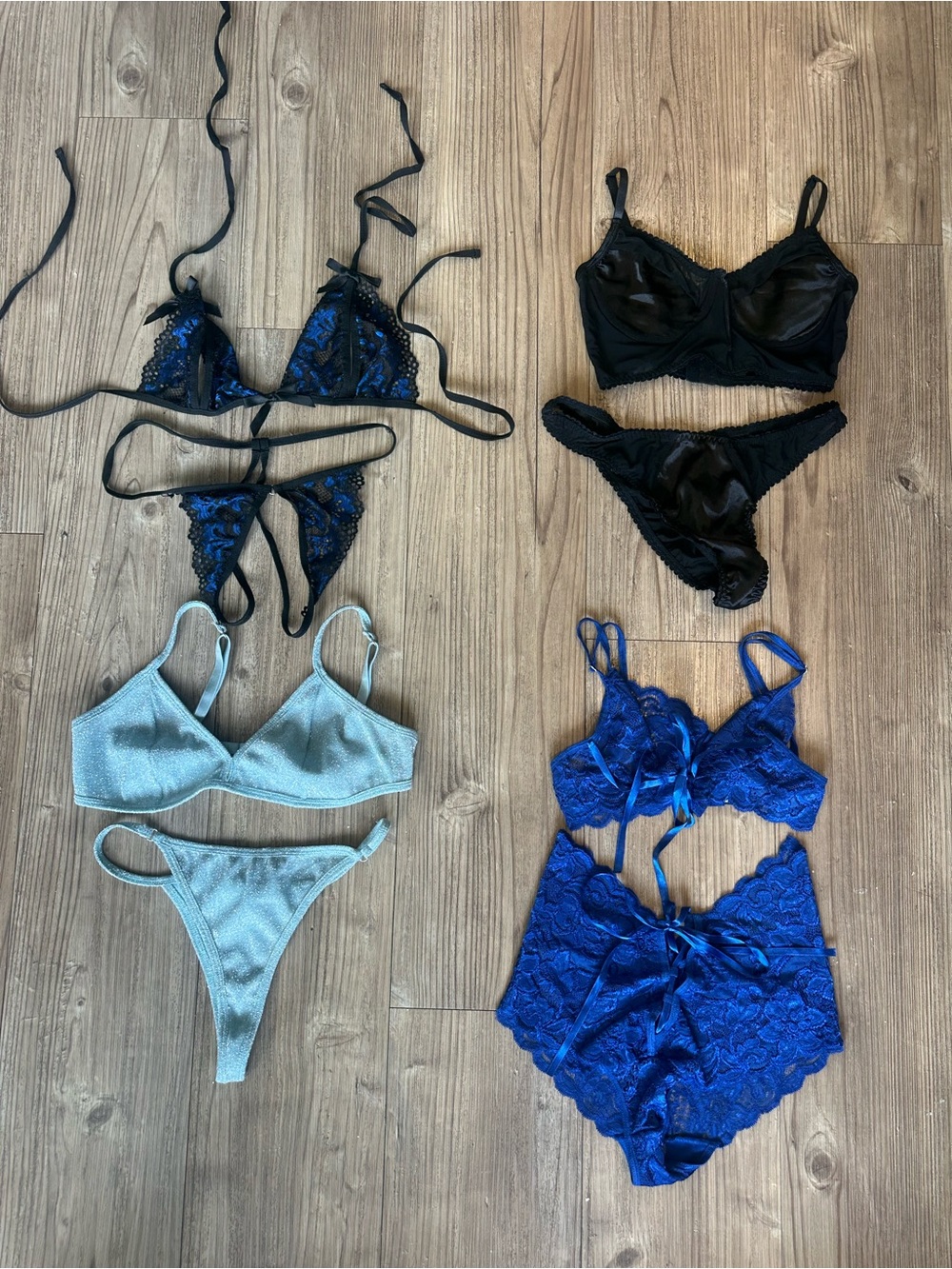 Mixed Lace & Satin Lingerie Set Bundle - Black, Royal Blue, Light Blue